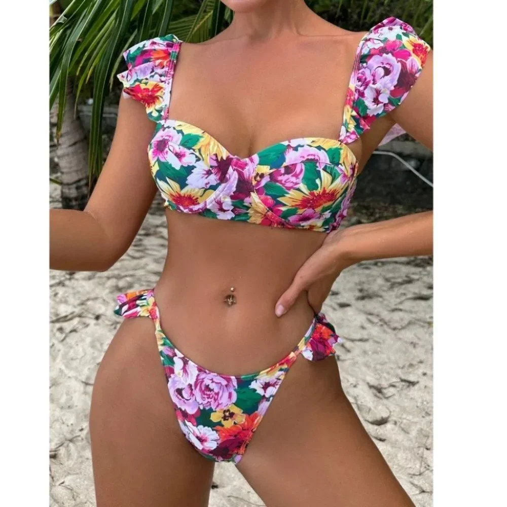 Multicolor Floral Womens Print Ruffle Trim Push Up Bikini Swimsuit - Picture 6 of 8